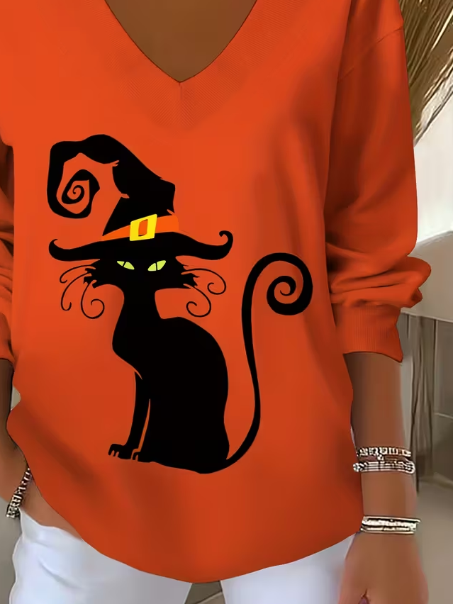 Women Cat Long Sleeve Tee T-shirt V Neck Printing Casual Spring/Fall Top