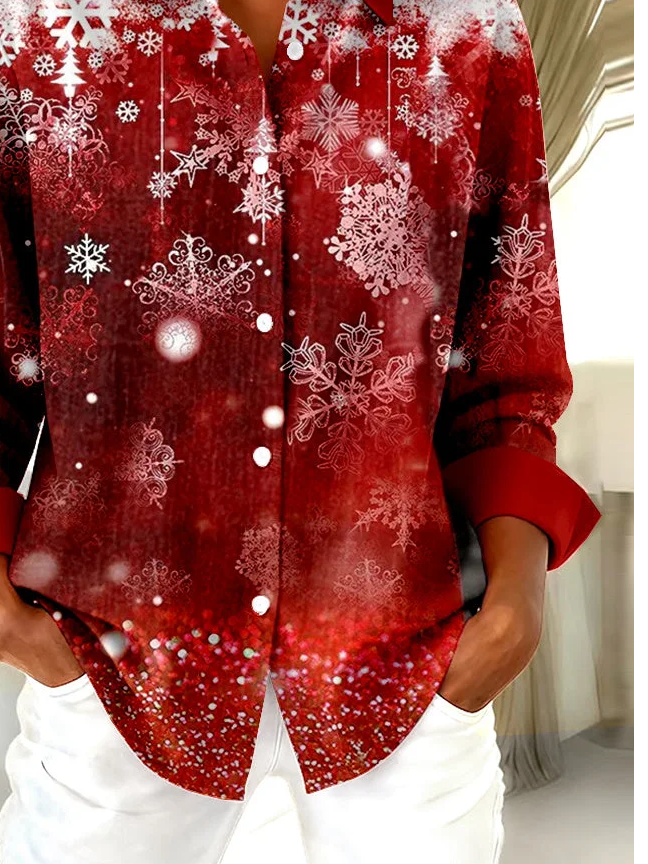 Women Christmas Long Sleeve Shirt Spring/Fall Buckle Shirt Collar Regular Sleeve Daily Casual Top