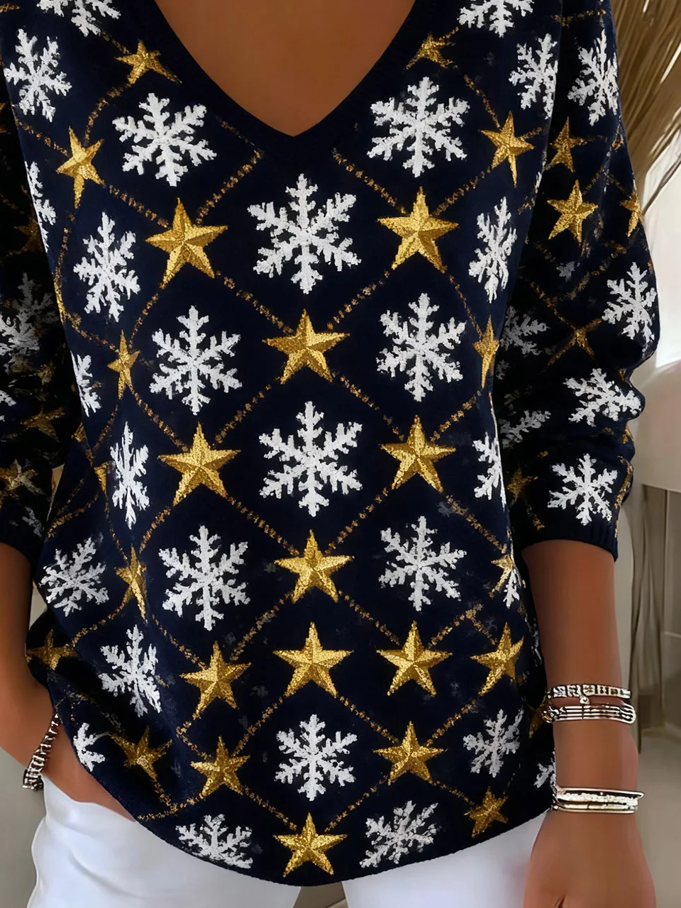 Women Star Long Sleeve Tee T-shirt V Neck Printing Casual Spring/Fall Top