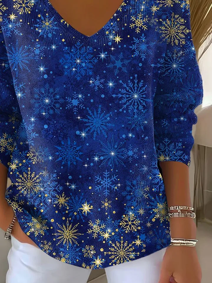 Women Christmas Long Sleeve Tee T-shirt V Neck Printing Casual Spring/Fall Top
