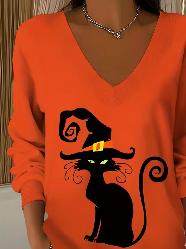 Women Cat Long Sleeve Tee T-shirt V Neck Printing Casual Spring/Fall Top