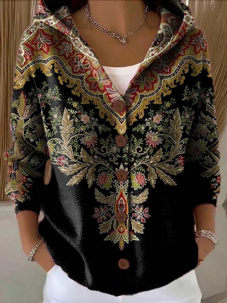 Women Floral Printing Long Sleeve Hoodie Casual Spring/Fall Cardigan Outerwear