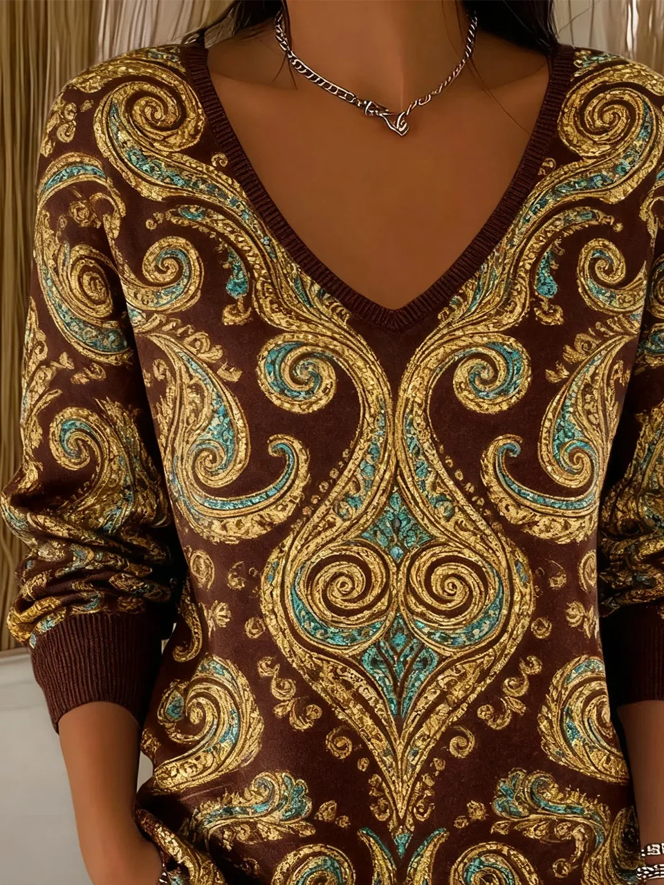 Women Ethnic Long Sleeve Tee T-shirt V Neck Printing Casual Spring/Fall Top