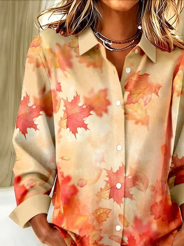Women Maple Leaf Long Sleeve Shirt Spring/Fall Buckle Shirt Collar Regular Sleeve Daily Casual Top