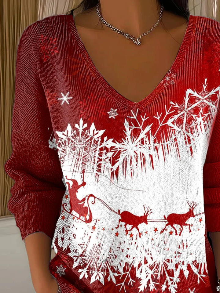 Women Christmas Long Sleeve Tee T-shirt V Neck Printing Casual Spring/Fall Top