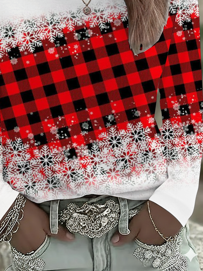 Women Plaid Long Sleeve Tee T-shirt Crew Neck Printing Casual Spring/Fall Graphic Tee Top