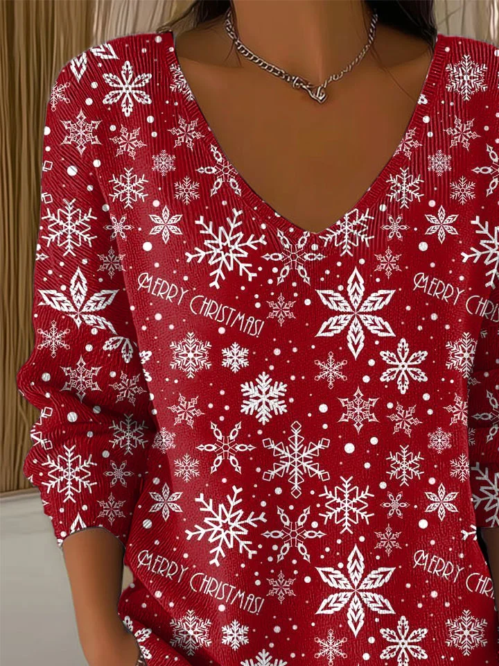 Women Christmas Long Sleeve Tee T-shirt V Neck Printing Casual Spring/Fall Top
