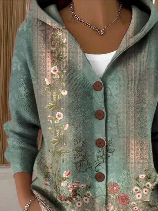 Women Floral Printing Long Sleeve Hoodie Casual Spring/Fall Cardigan Outerwear