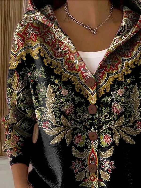 Women Floral Printing Long Sleeve Hoodie Casual Spring/Fall Cardigan Outerwear