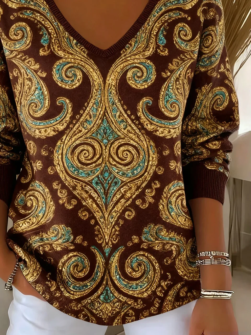 Women Ethnic Long Sleeve Tee T-shirt V Neck Printing Casual Spring/Fall Top