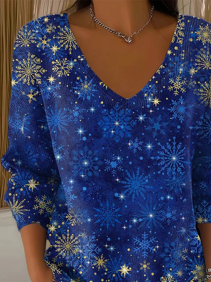 Women Christmas Long Sleeve Tee T-shirt V Neck Printing Casual Spring/Fall Top