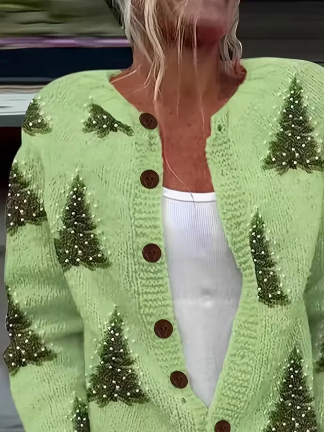 Women Christmas Printing Long Sleeve Crew Neck Vintage Spring/Fall Cardigan Outerwear