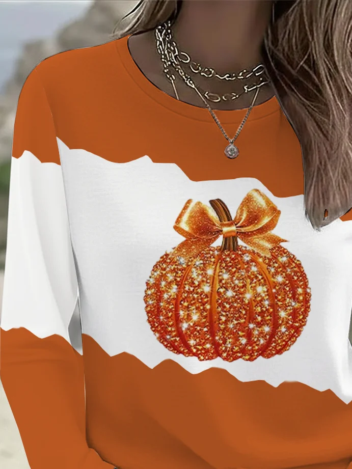Women Halloween (pumpkin) Long Sleeve Tee T-shirt Crew Neck Printing Casual Spring/Fall Graphic Tee Top