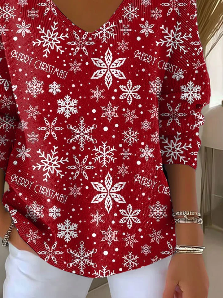Women Christmas Long Sleeve Tee T-shirt V Neck Printing Casual Spring/Fall Top