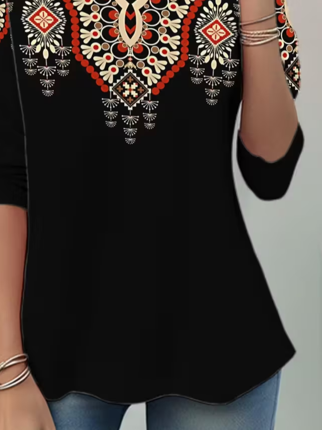 Women Ethnic Long Sleeve Tee T-shirt Crew Neck Casual Spring/Fall Tunic Top