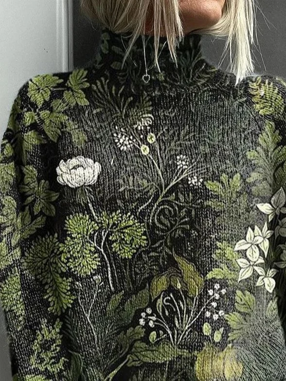 Women Floral Printing Spring/Fall Vintage Long Sleeve Turtleneck Sweater