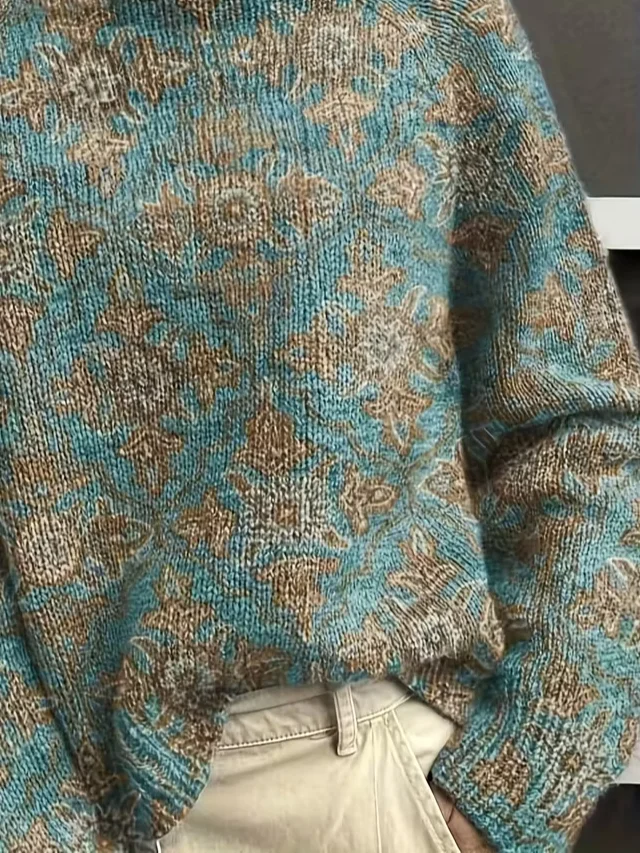 Women Floral Printing Spring/Fall Vintage Long Sleeve Turtleneck Sweater