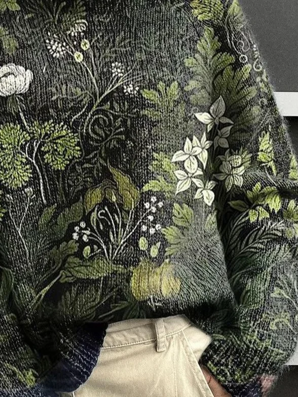 Women Floral Printing Spring/Fall Vintage Long Sleeve Turtleneck Sweater