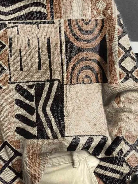 Women Geometric Printing Spring/Fall Vintage Long Sleeve Turtleneck Sweater