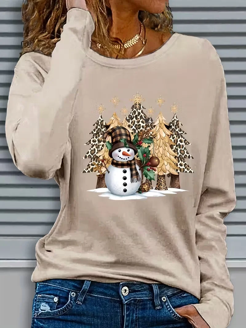 Women Christmas Snowman Long Sleeve Tee T-shirt Crew Neck Printing Casual Spring/Fall Graphic Tee Top
