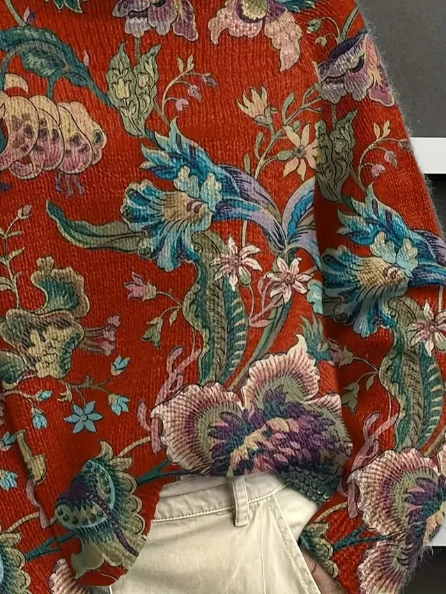 Women Floral Printing Spring/Fall Vintage Long Sleeve Turtleneck Sweater