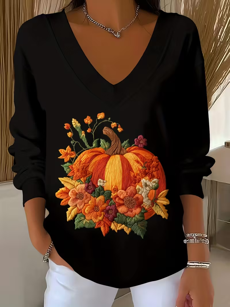 Women Floral Long Sleeve Tee T-shirt V Neck Printing Casual Spring/Fall Top