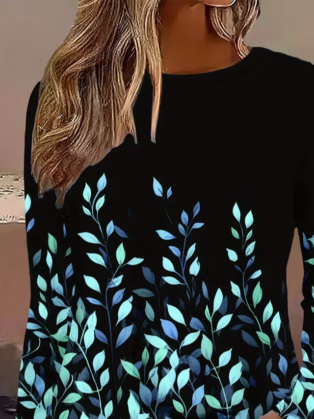 Women Leaf Long Sleeve Tee T-shirt Crew Neck Printing Casual Spring/Fall Graphic Tee Top