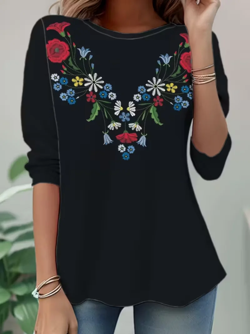 Women Floral Long Sleeve Tee T-shirt Crew Neck Casual Spring/Fall Tunic Top