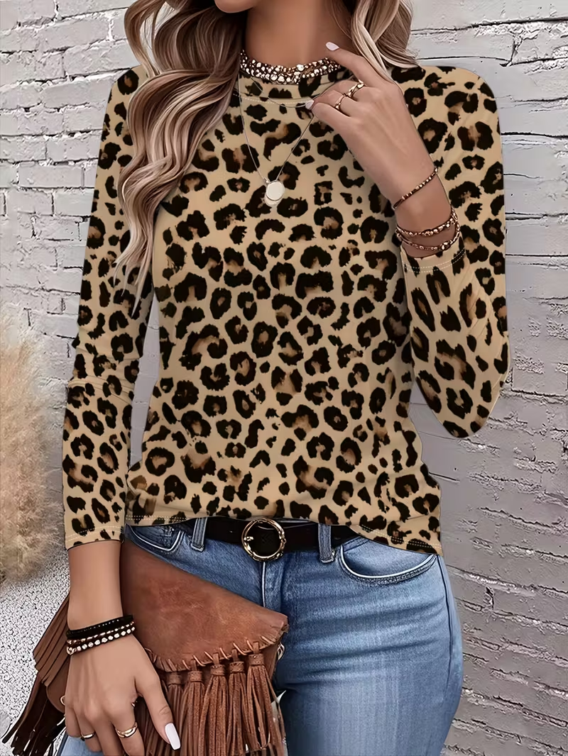 Women Leopard Long Sleeve Tee T-shirt Crew Neck Printing Casual Spring/Fall Graphic Tee Top