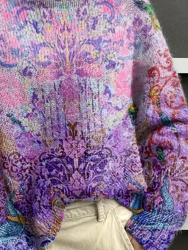 Women Floral Printing Spring/Fall Vintage Long Sleeve Turtleneck Sweater