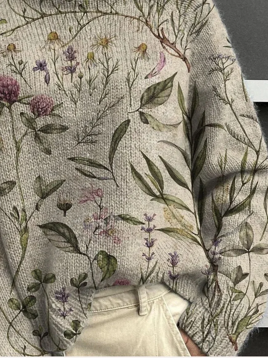 Women Floral Printing Spring/Fall Vintage Long Sleeve Turtleneck Sweater