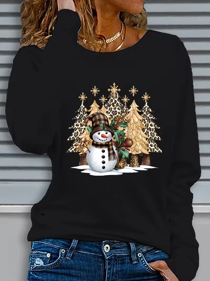 Women Christmas Snowman Long Sleeve Tee T-shirt Crew Neck Printing Casual Spring/Fall Graphic Tee Top
