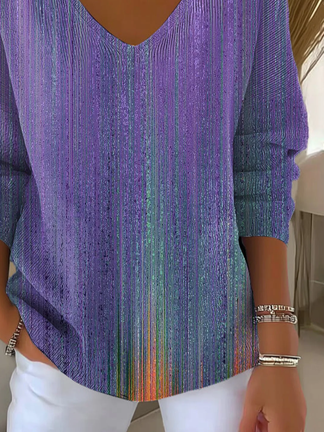 Women Abstract Long Sleeve Tee T-shirt V Neck Printing Casual Spring/Fall Top