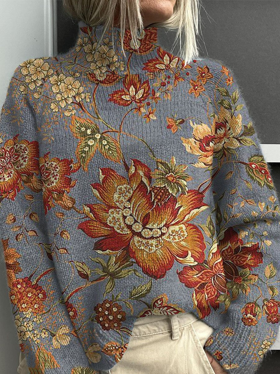 Women Floral Printing Spring/Fall Vintage Long Sleeve Turtleneck Sweater