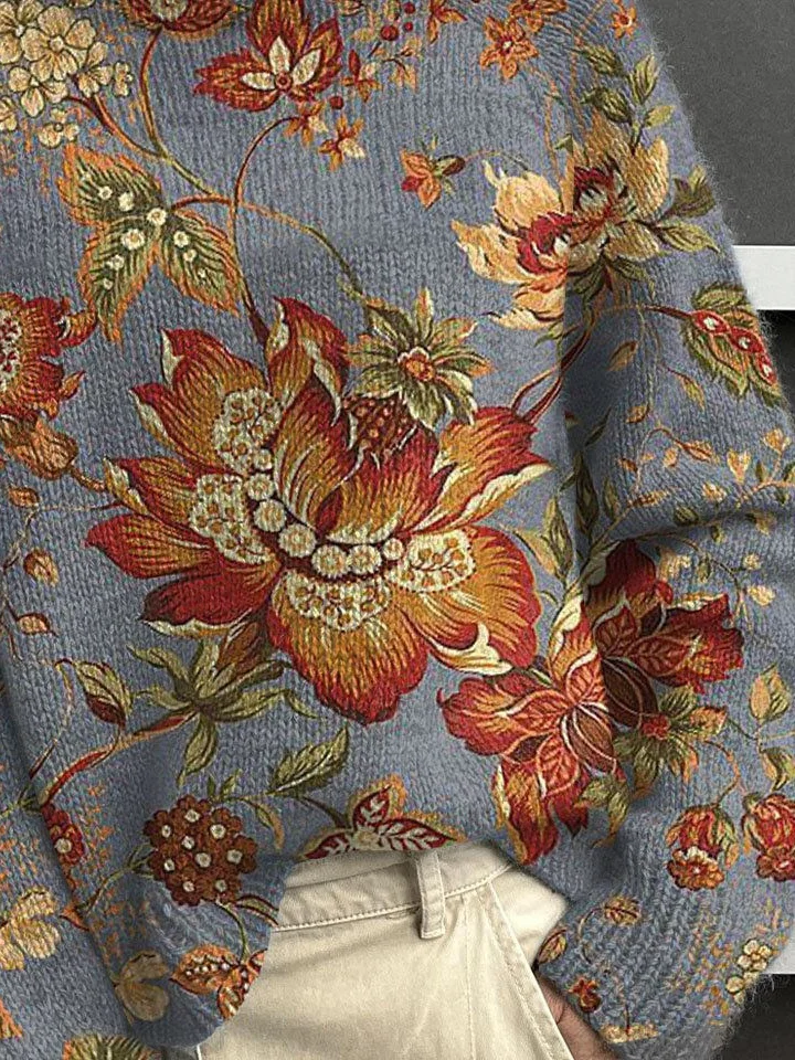 Women Floral Printing Spring/Fall Vintage Long Sleeve Turtleneck Sweater