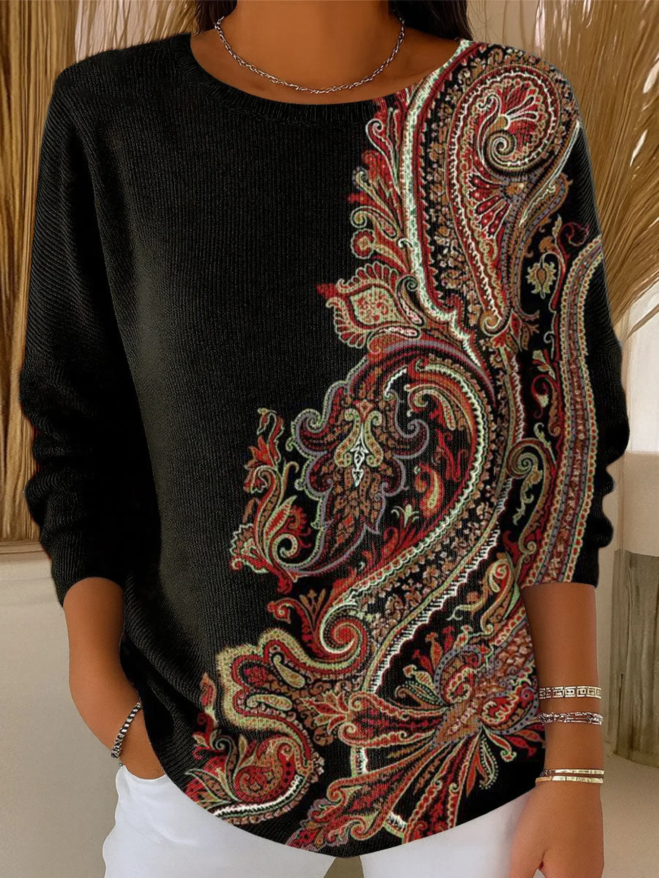 Women Floral Printing Spring/Fall Casual Long Sleeve Crew Neck Sweater