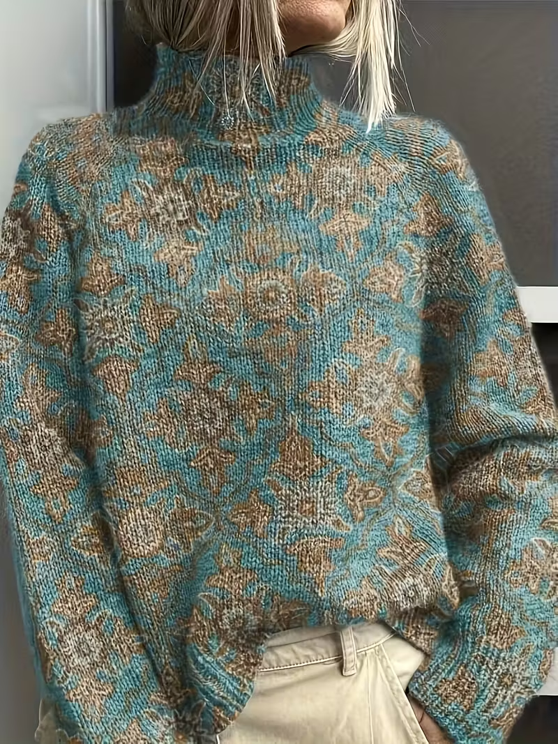 Women Floral Printing Spring/Fall Vintage Long Sleeve Turtleneck Sweater