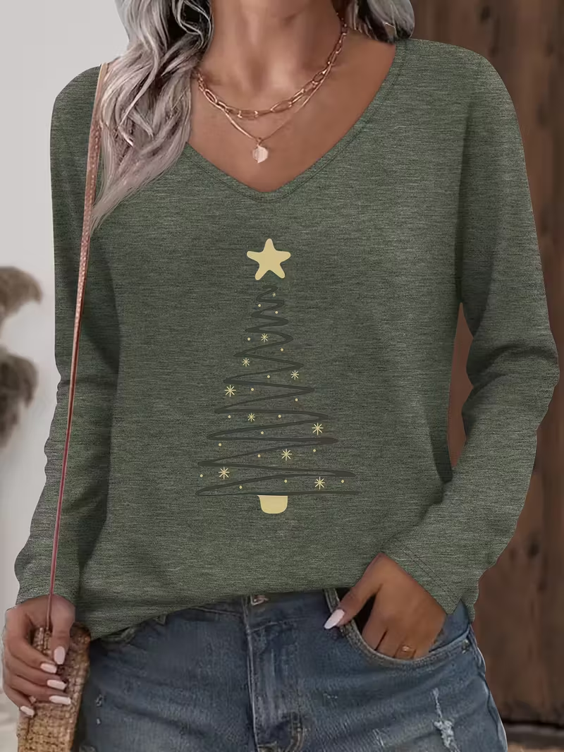Women Christmas Long Sleeve Tee T-shirt V Neck Printing Casual Spring/Fall Graphic Tee Top