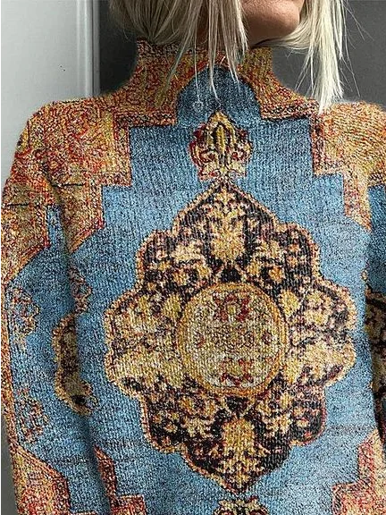 Women Ethnic Printing Spring/Fall Vintage Long Sleeve Turtleneck Sweater