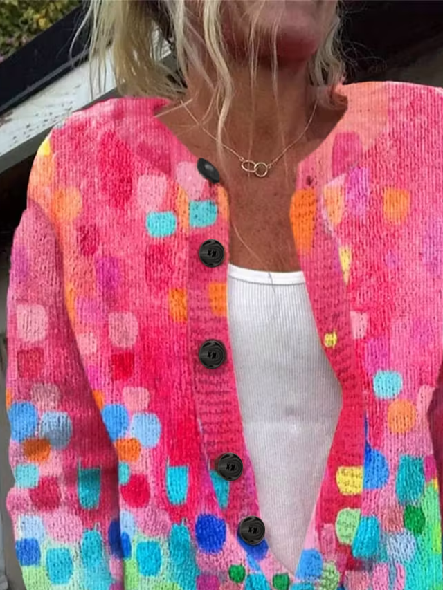 Women Abstract Printing Long Sleeve Crew Neck Vintage Spring/Fall Cardigan Outerwear