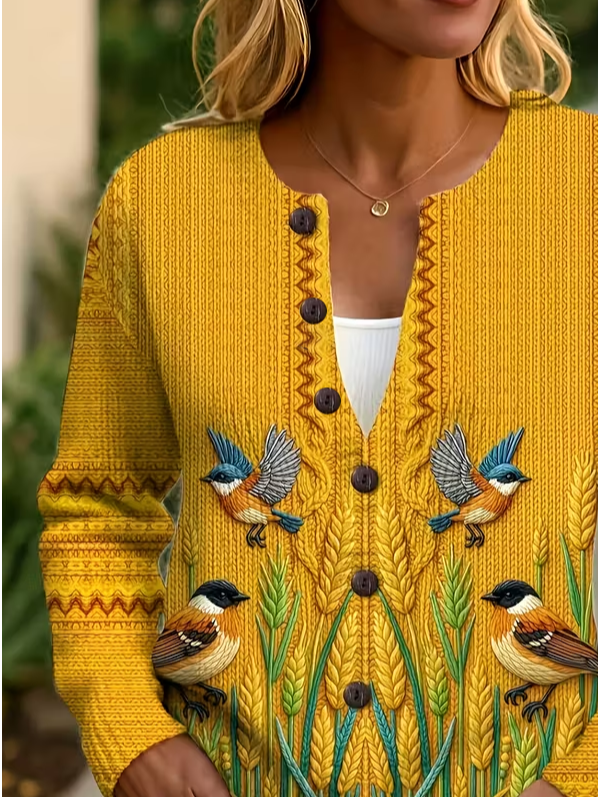 Women Bird Printing Long Sleeve Crew Neck Vintage Spring/Fall Cardigan Outerwear