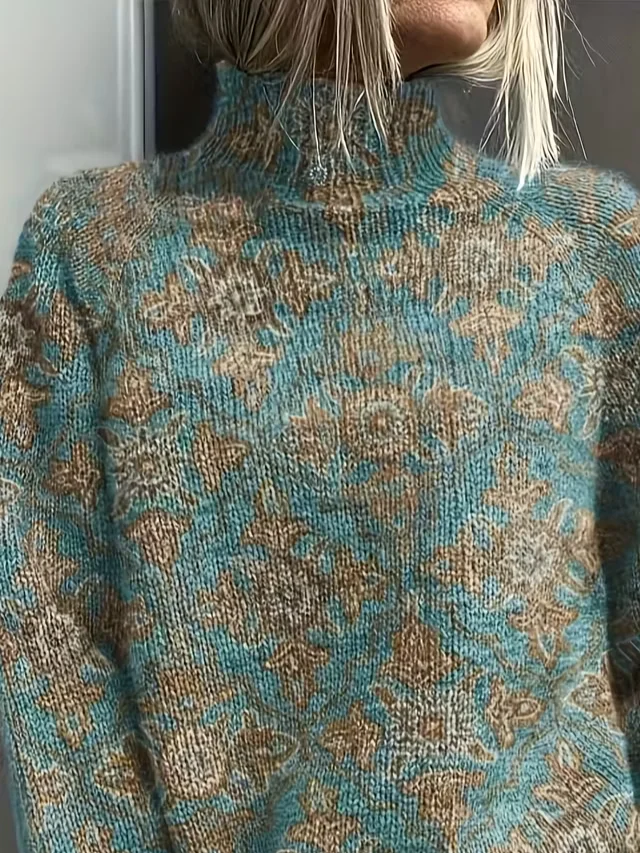 Women Floral Printing Spring/Fall Vintage Long Sleeve Turtleneck Sweater