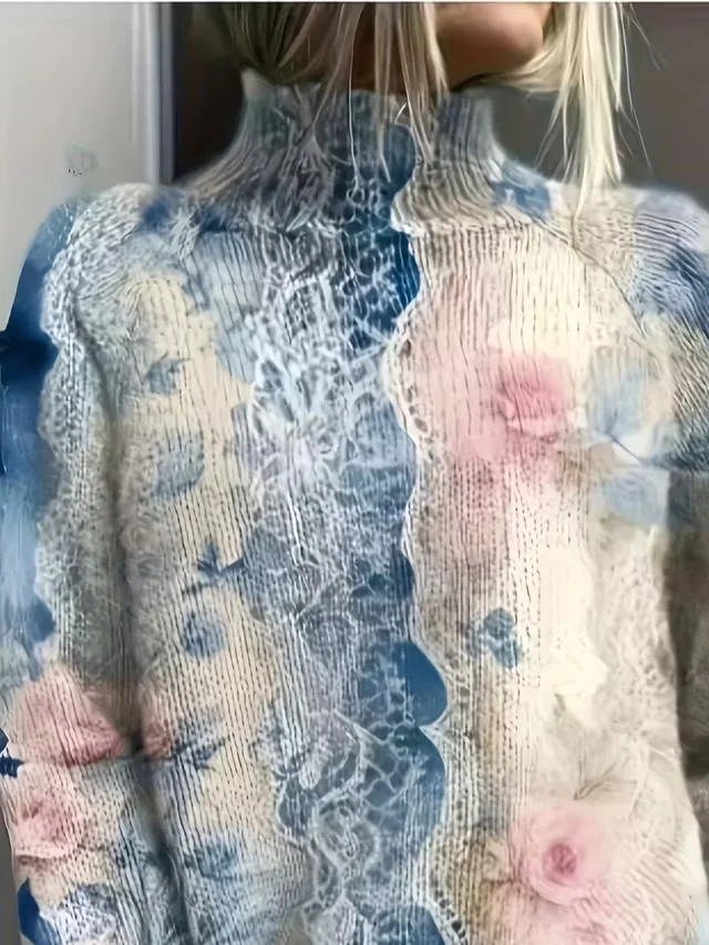Women Floral Printing Spring/Fall Vintage Long Sleeve Turtleneck Sweater