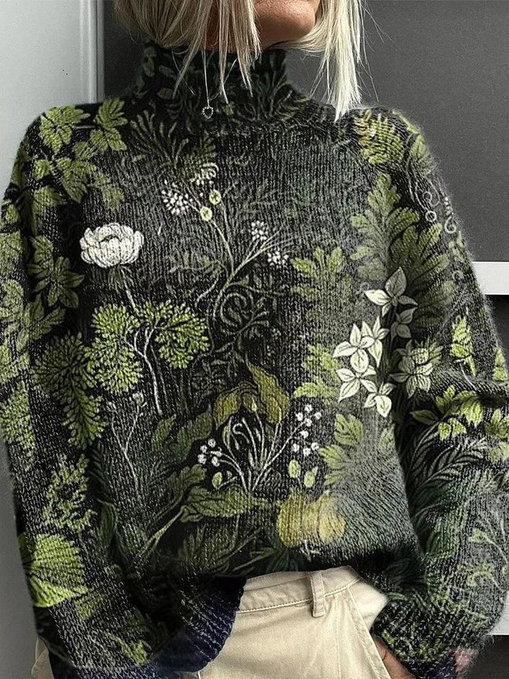 Women Floral Printing Spring/Fall Vintage Long Sleeve Turtleneck Sweater