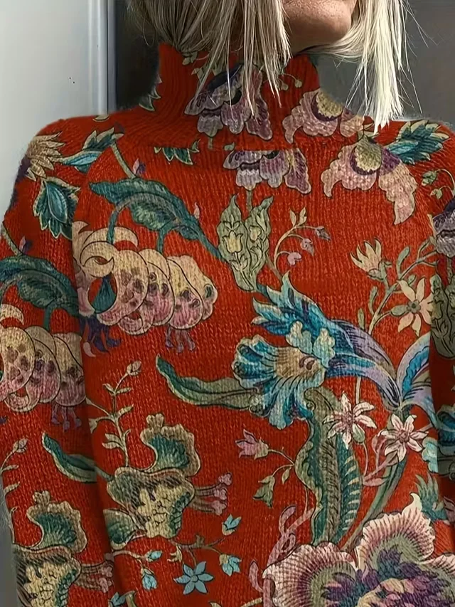 Women Floral Printing Spring/Fall Vintage Long Sleeve Turtleneck Sweater