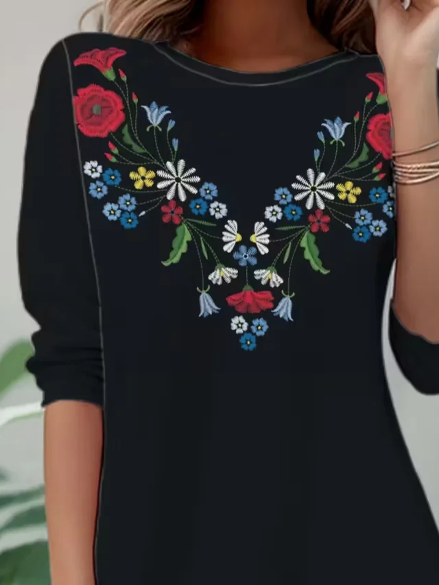 Women Floral Long Sleeve Tee T-shirt Crew Neck Casual Spring/Fall Tunic Top