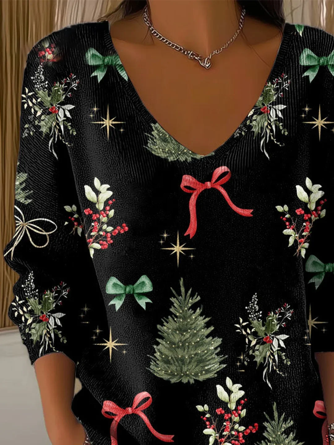 Women Christmas Long Sleeve Tee T-shirt V Neck Printing Casual Spring/Fall Top