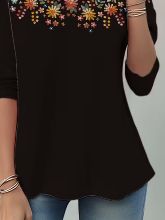 Women Floral Long Sleeve Tee T-shirt Crew Neck Casual Spring/Fall Tunic Top