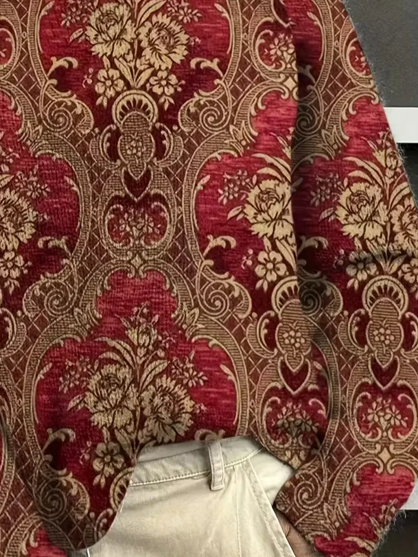 Women Floral Printing Spring/Fall Vintage Long Sleeve Turtleneck Sweater