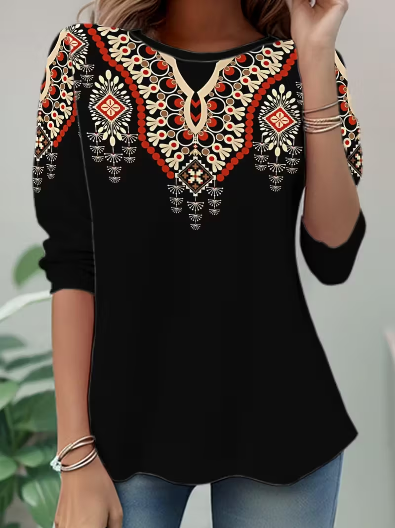 Women Ethnic Long Sleeve Tee T-shirt Crew Neck Casual Spring/Fall Tunic Top